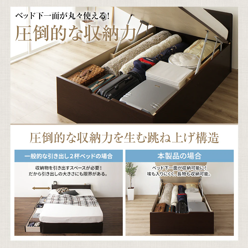 【組立設置サービス付き】日本製 ガス圧跳ね上げベッド（フラットヘッド・横開き）通常丈：ダークブラウン - Image 3