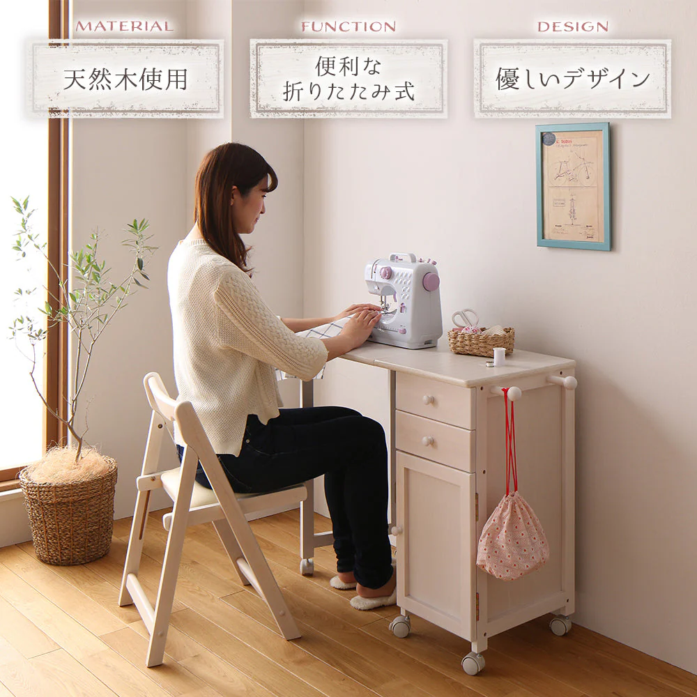 デスクがたためる 多機能収納 デスク&チェアセット ホワイトウォッシュ - Image 2