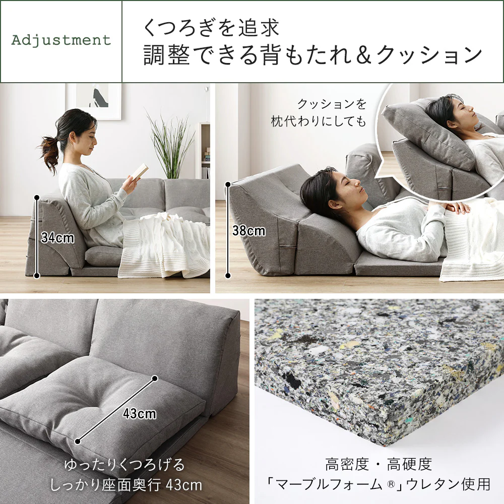 4cm厚マット付き くつろぎフロアソファ グレー（麻風織り生地） - Image 11