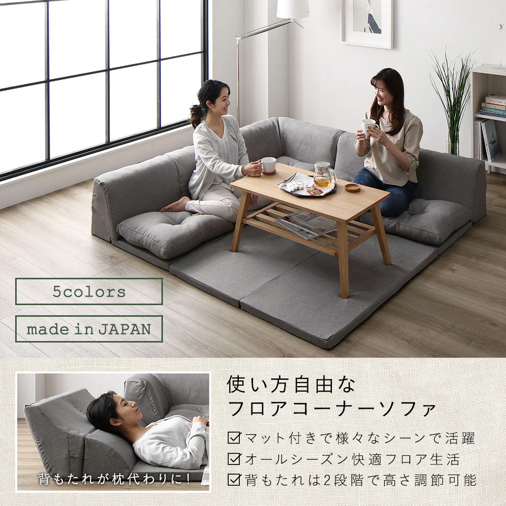 4cm厚マット付き くつろぎフロアソファ ブルー（麻風織り生地） - Image 2
