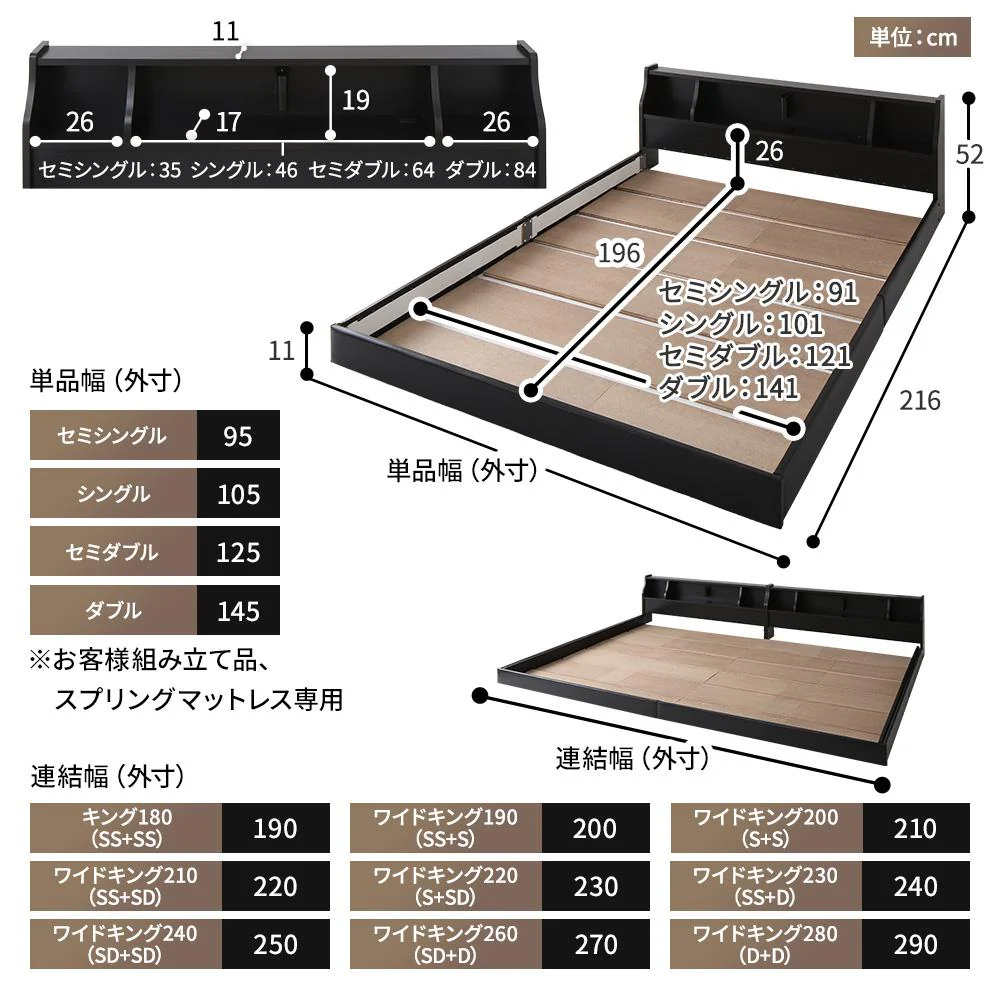 日本製 照明付き連結フロアベッド ブラック - Image 9