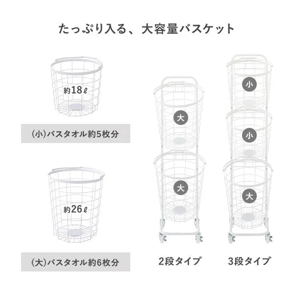 ランドリーバスケット ワゴン ラウンドタイプ 2段 ダークブラウン - Image 7