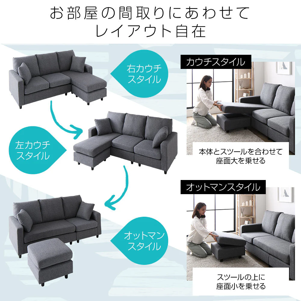 広々使える 3人掛け カウチソファ ライトグレー - Image 13