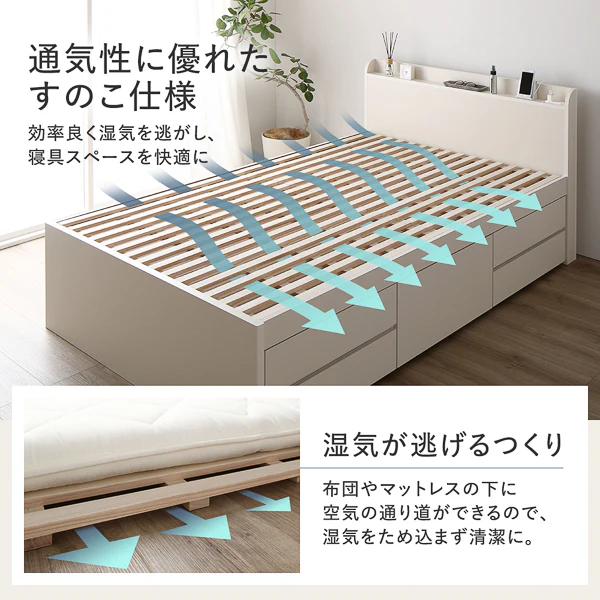 【組立設置サービス付き】日本製 引き出し5杯大容量ベッド すのこタイプ（棚付き）ホワイト - Image 3