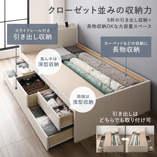 【組立設置サービス付き】日本製 引き出し5杯大容量ベッド すのこタイプ（棚付き）ホワイト - Image 5