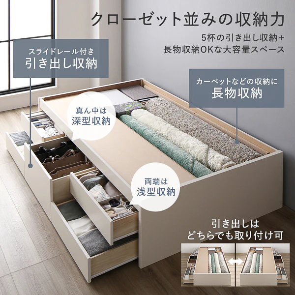 【お客様組み立て】日本製 引き出し5杯大容量ベッド すのこタイプ（ヘッドレス）ホワイト - Image 5