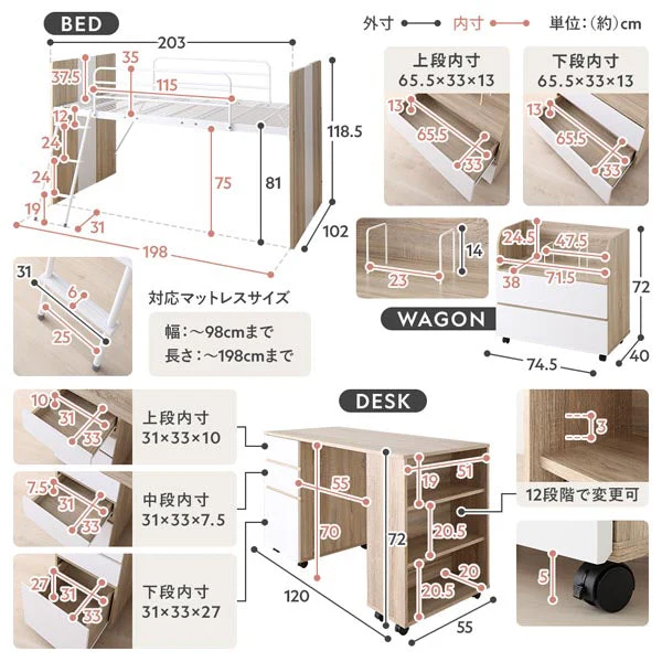 デスク・ワゴン付き コンパクトロフトベッド グレー - Image 18