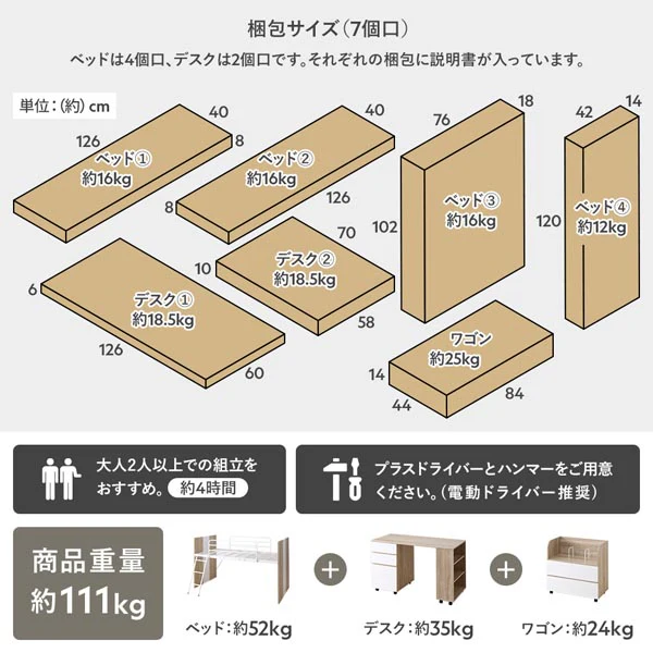 デスク・ワゴン付き コンパクトロフトベッド グレー - Image 19