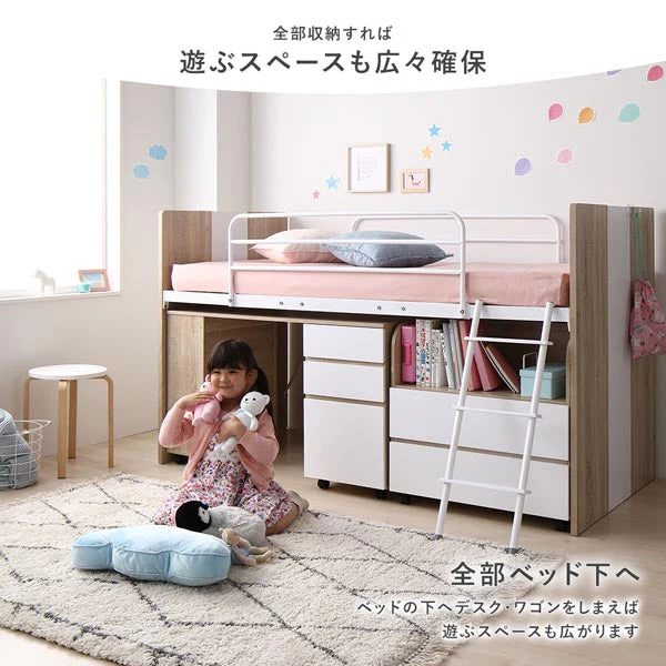 デスク・ワゴン付き コンパクトロフトベッド グレー - Image 4