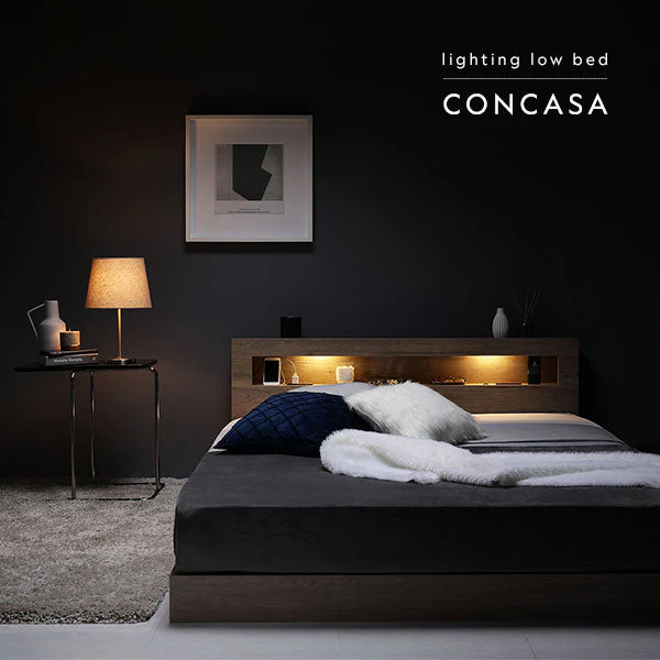 ホテルスタイル ローベッド LED照明＆棚付き『CONCASA コンカーサ』グレージュ - Image 10
