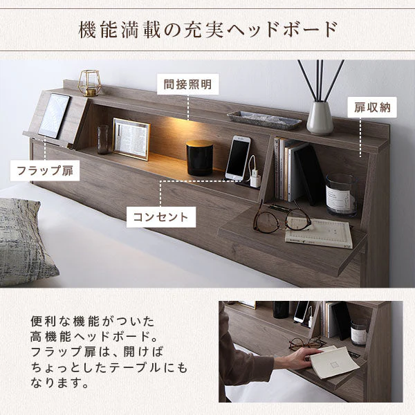 LED照明＆多機能ヘッドボード・引き出し収納付き『Rebertio リバーティオ』 ブラウン - Image 10