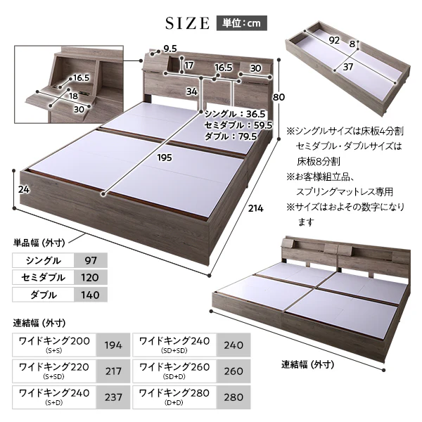 LED照明＆多機能ヘッドボード・引き出し収納付き『Rebertio リバーティオ』 2台セット グレージュ - Image 22