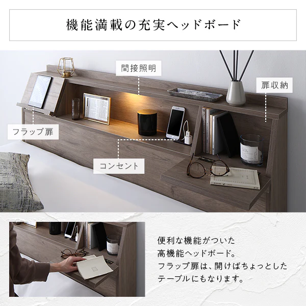 LED照明＆多機能ヘッドボード・引き出し収納付き『Rebertio リバーティオ』 2台セット ナチュラル - Image 13