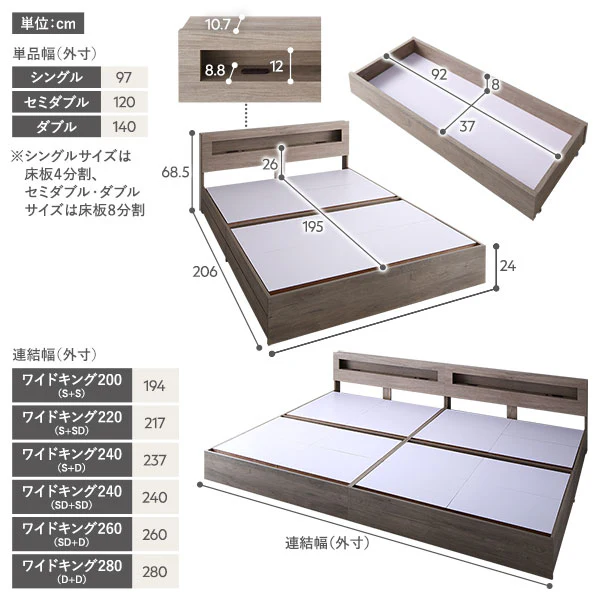 ホテルスタイルベッド LED照明・引き出し収納付き 2台セット『Rizon ライゾン』ホワイト - Image 17