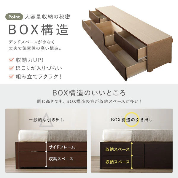 【お客様組み立て】日本製 引き出し5杯大容量ベッド すのこタイプ（照明付き）ブラウン - Image 14