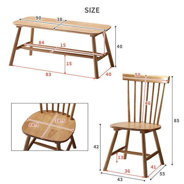 天然木 ウィンザーチェアダイニング4点セット 長方形120×75cm ナチュラル - Image 21