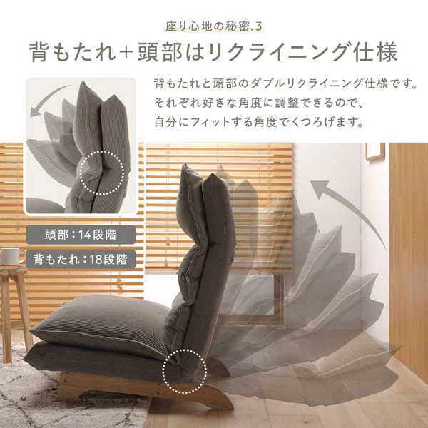 日本製 ふかふかハイバックリクライニングソファ コーデュロイ生地 モスグリーン - Image 8
