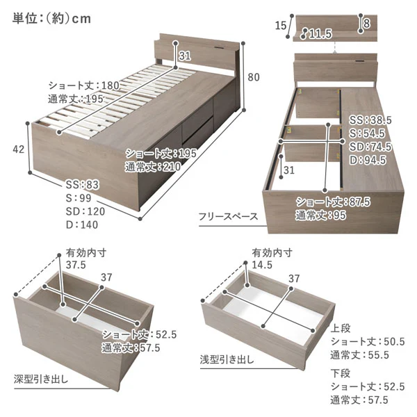 引き出し4杯大容量ベッド 宮付きタイプ『Slektia スレクティア』 グレージュ - Image 19