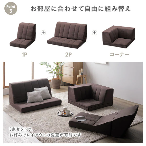日本製 リクライニング ハイバック フロアコーナーソファ 3点セット ライトグレー - Image 8