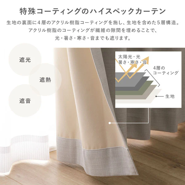 【2枚セット】日本製 遮光率100% 遮熱・遮音に優れた1級遮光カーテン ドレープ幅200cm×1枚+レース幅200cm×1枚 オリーブブラウン - Image 11