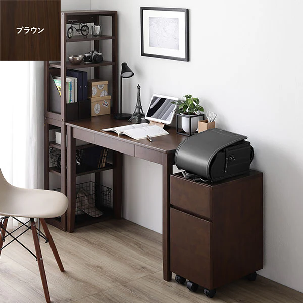 【旧仕様】組み替えできる 天然木学習デスク 3点セット（デスク+ラック+キャビネット） 幅100×奥行45cm ブラウン - Image 4