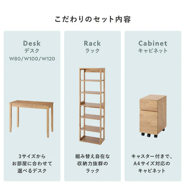 【旧仕様】組み替えできる 天然木学習デスク 3点セット(デスク+ラック+キャビネット) 幅80×奥行45cm ホワイト - Image 6