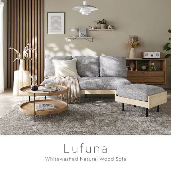 天然木ホワイトウォッシュソファ 『Lufuna ルフナ』 ソファセット 3人掛け+オットマン アイボリー - Image 4