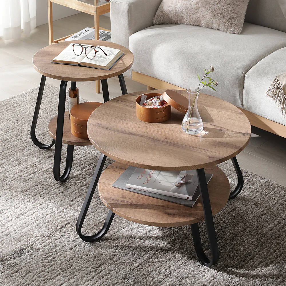 ローテーブル(ラウンドタイプ)『LUTON ルトン』 2点セット(直径40cm+直径56cm) ラスティックナチュラル