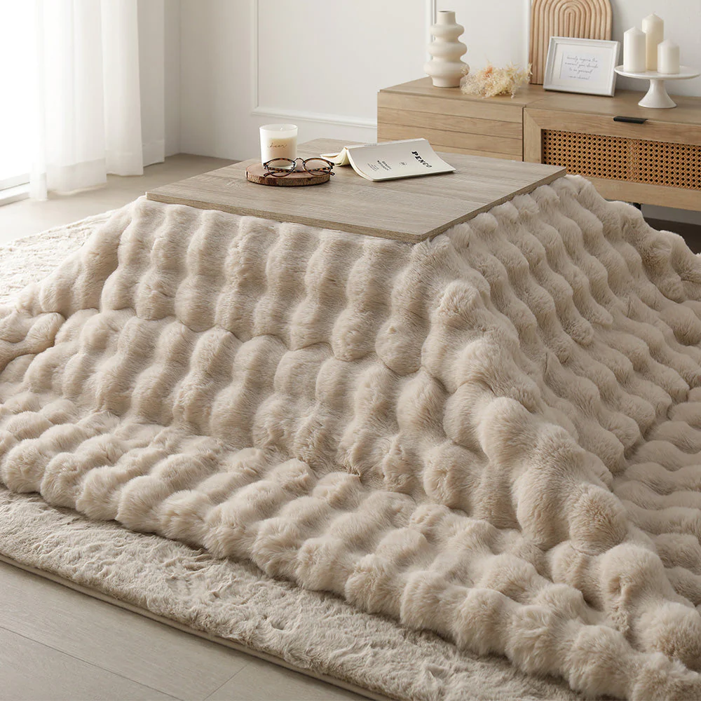 折りたたみ式こたつ2点セット(テーブル + ラビットファー調ポコポコ掛け布団) こたつテーブル:60×60cm(正方形) グレージュ×ウォールナット / こたつ布団:グレー - Image 29