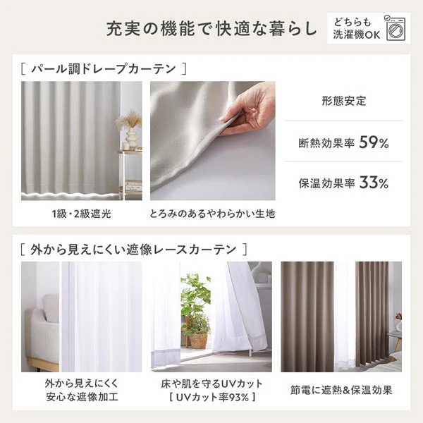 【4枚セット】 日本製 とろみ質感のパール調2級遮光カーテン ドレープ幅100cm×2枚+レース幅100cm×2枚 ベージュ - Image 12