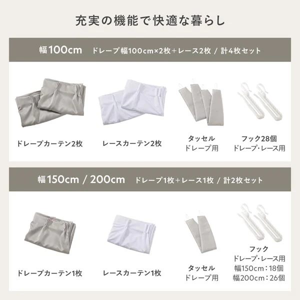【4枚セット】 日本製 とろみ質感のパール調2級遮光カーテン ドレープ幅100cm×2枚+レース幅100cm×2枚 ベージュ - Image 27